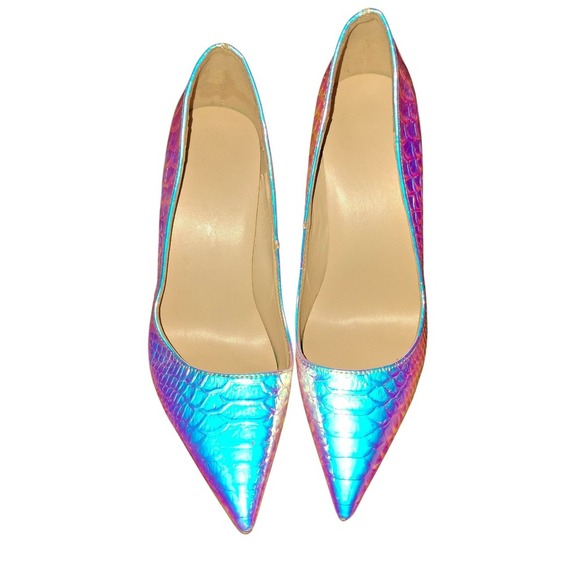 Snakeskin leather high heels blue hologram iridescent light color pumps Size 7.5 - Picture 8 of 8